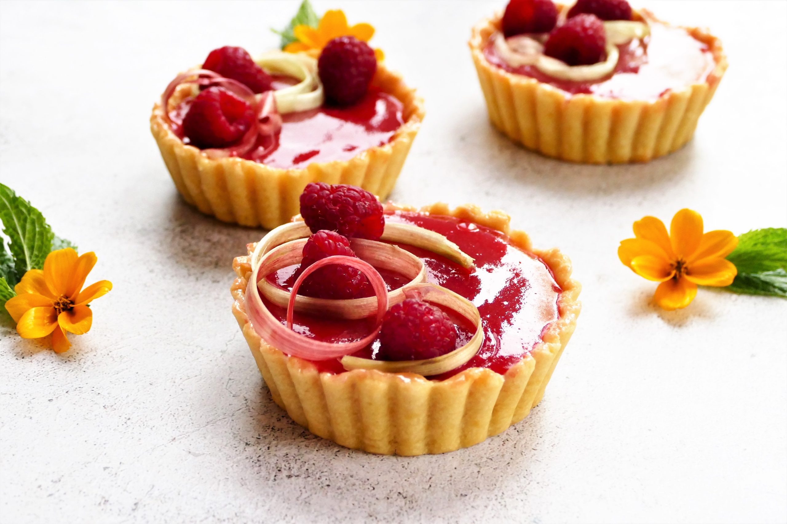 Tartelettes jardinières avec gelée de rhubarbe et de framboise