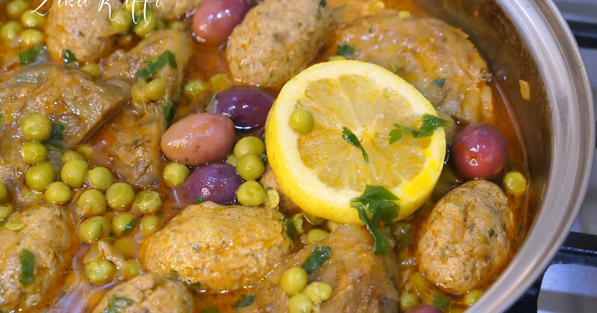 TAJINE EL KEFTA AUX ARTICHAUTS ET PETITS POIS AUX OLIVES VIOLETTES ( KALOMON ) MAISON