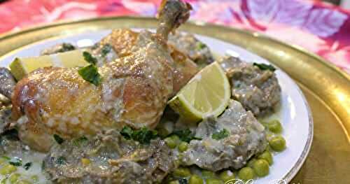 TAJINE JELBENA BEL KARNOUN- MIJOTÉ AUX PETITS POIS - ARTICHAUTS ET POULET RÔTI AU BEURRE À LA POÊLE