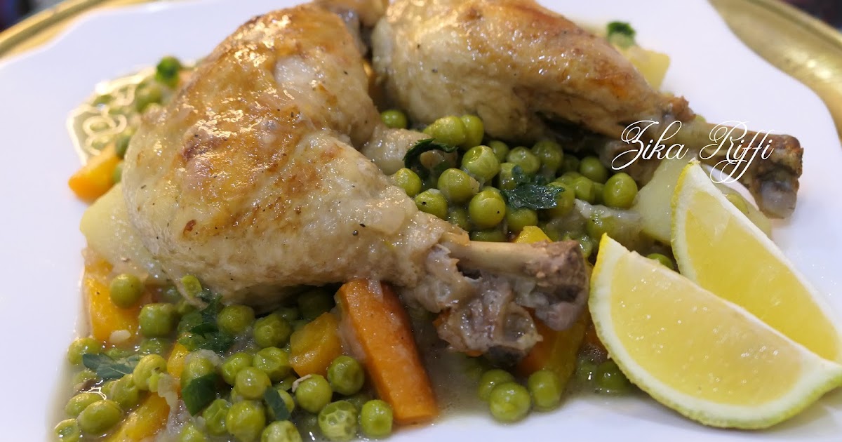 TAJINE JELBENA- MIJOTE DE POULET RÔTI AU BEURRE EN SAUCE AUX PETITS POIS ET CAROTTES