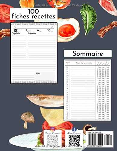 Mon Livre de Recettes - Carnet à Remplir - Cahier de cuisine à compléter soi-même - 100 Fiches Recettes à compléter et Sommaire - 105 pages - Format A4 (21,89 cm x 28,54 cm)